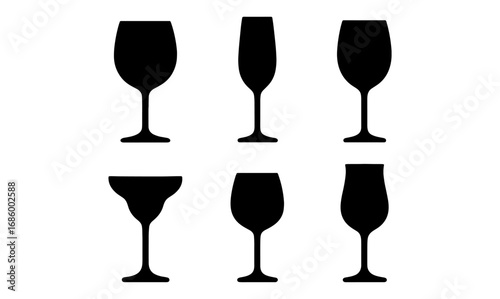 Silhouette icons of wine and cocktail glasses in simple black design
