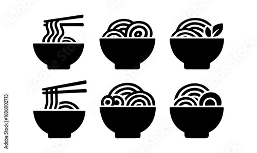 Silhouette icons of asian noodle bowls with chopsticks