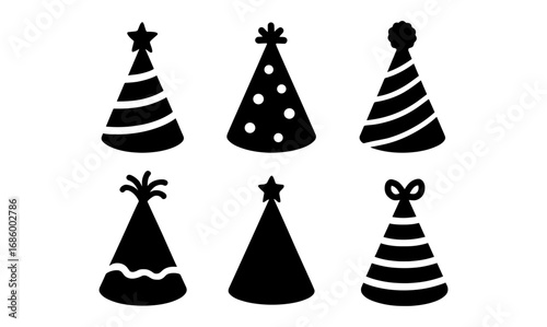 Silhouette party hats set with various designs and patterns