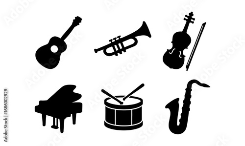 Silhouette musical instruments collection featuring guitar, trumpet, and piano