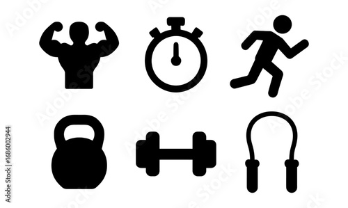 Fitness icons set: gym silhouettes depicting exercise equipment and activities