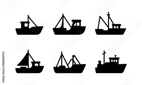 Silhouette collection of fishing boats in various designs and styles