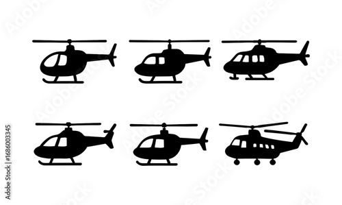 Diverse helicopter silhouettes set featuring various designs in uniform style