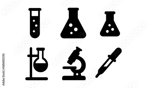 Science icons in flat silhouette style featuring lab equipment and tools