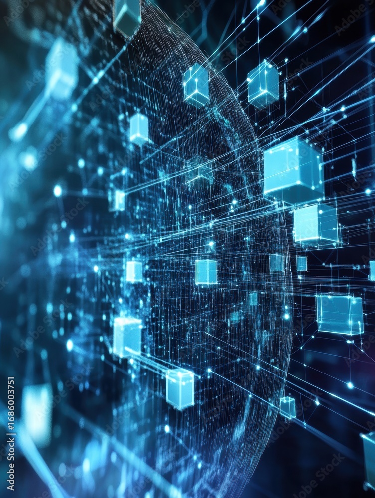 Obraz premium Digital network visualization showcasing interconnected data blocks in a futuristic environment with glowing elements and lines representing data flow in cyberspace