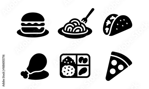 Popular fast food icons in bold silhouette style