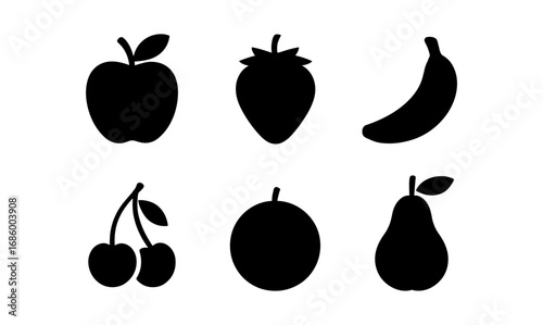 Fruit silhouette collection: apple, strawberry, banana, cherry, lemon, pear