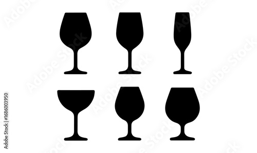 Silhouette collection of wine and champagne glasses on white background