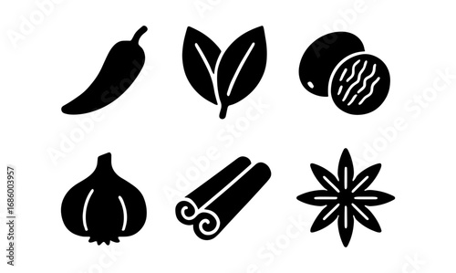 Silhouette spice icons: chili, basil, nutmeg, garlic, cinnamon, star anise