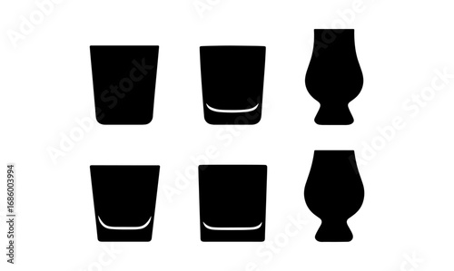 Set of black silhouette whiskey and shot glass icons on white background