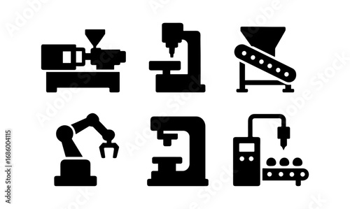 Industrial equipment silhouettes: machines and robotics icons set