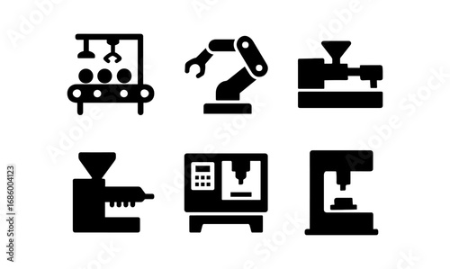 Silhouette icons of industrial and robotic machinery for automation and manufacturing