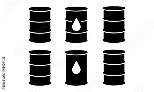 Silhouette oil barrels set with droplet icons for industrial energy themes