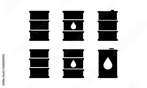 Silhouette icon set of oil barrels with droplets for industrial design