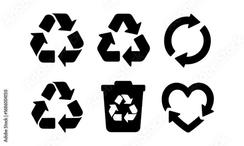 Recycling symbols set: black silhouette icons for eco-friendly concepts