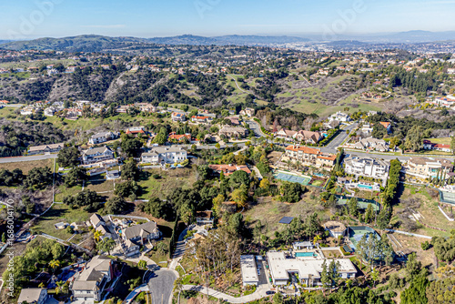 Diamond Bar, Los Angeles County, CA, California, January 26, 2024: Aerial Drone View toward Country Park, Indian Creek Rd, Loma Linda with Mountain Village, Homes, Houses, Streets
