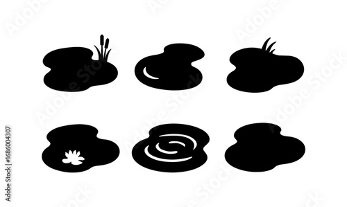 Silhouette pond icons with reeds and lilies in minimalistic design