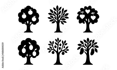 Silhouette fruit trees: minimalistic black icons of nature and diversity