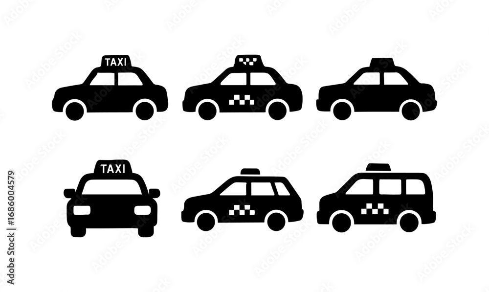 Classic taxi car silhouettes set - black and white icons for urban transport design