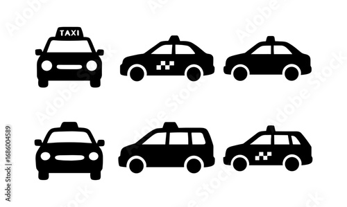 Taxi car silhouettes set in various styles and views