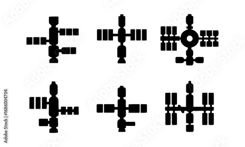Silhouette space station set: minimalist black shapes of orbital stations