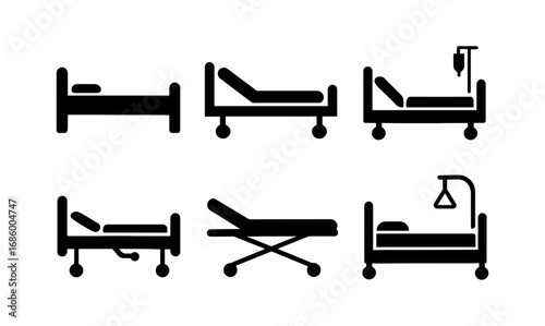 Silhouette hospital bed icons: modern medical equipment collection
