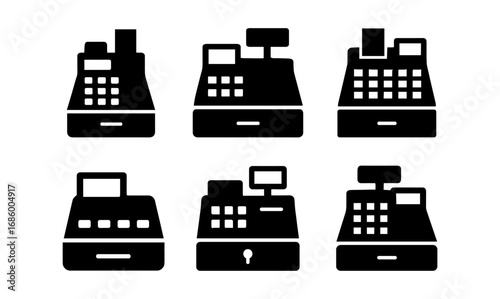 Collection of cash register silhouettes on white background