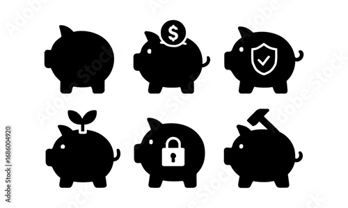 Piggy bank silhouettes with finance and security icons