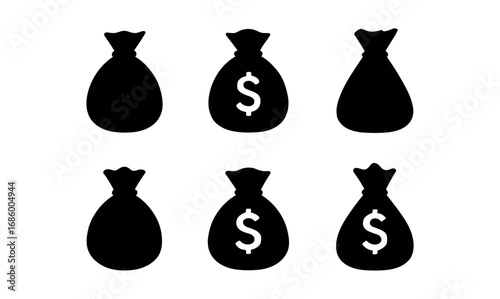 Silhouette money bag icons grid with dollar sign symbols for financial themes