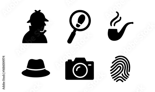 Detective icons set: silhouette symbols of mystery and investigation
