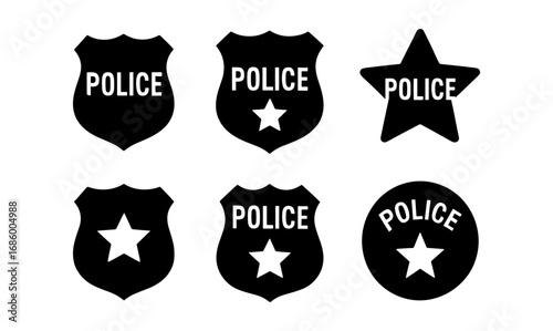 Set of six police badge icons in black silhouette style