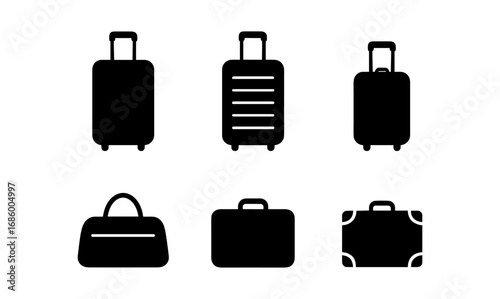 Silhouette set of different luggage types: suitcases and bags on white background