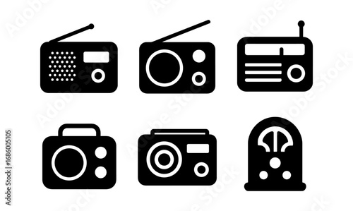 Retro radio collection: black silhouette icons of vintage radios and boomboxes