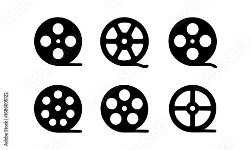 Set of classic film reel icons in silhouette style for cinema and movie themes