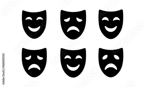 Set of six theatrical masks depicting different emotions in silhouette style