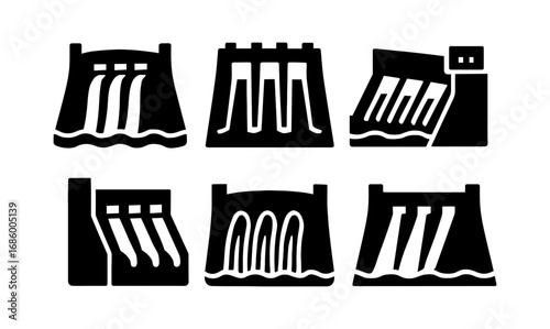 Set of black silhouette icons of dams with flowing water in different designs