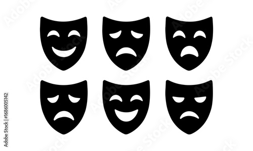 Set of theater masks with happy and sad expressions in silhouette style
