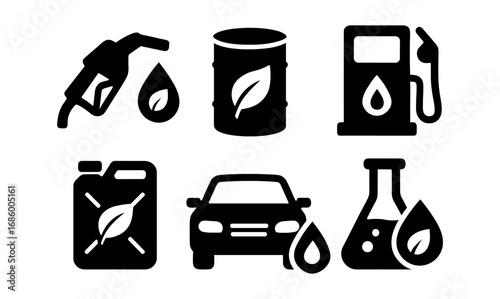 Eco-friendly energy icons with fuel, car, and chemical symbols in silhouette design