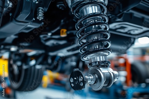 Close up of modern car suspension system with shiny coil spring and shock absorber symbolizing automotive engineering, technology and mechanical precision