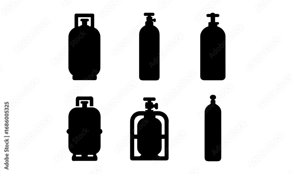 Fototapeta premium Set of silhouette gas cylinders: various shapes and sizes in black on white background