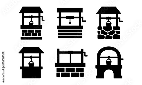 Collection of silhouette water wells with buckets and cranks