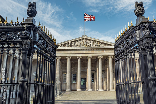 Iron gates outside the British Museum entrance, England.
Wide angle perspective view of the immense museum found in London.