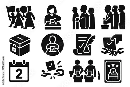 Icons of Voting History. Solid style icons of historical voting scenes and rights: suffrage march, women's vote icon, civil rights