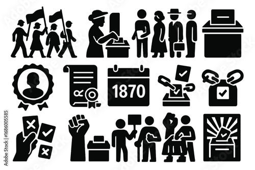 Icons of Voting History. Solid style icons of historical voting scenes and rights: suffrage march, women's vote icon, civil rights