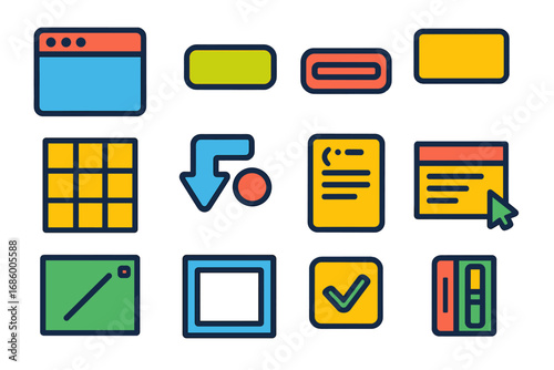 Python GUI Icons. Flat vector icons of Python GUI Programming: tkinter window, button widget, entry box, label element, grid