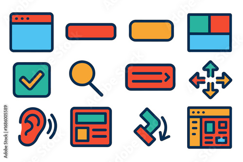 Flat Java GUI Icons. Flat vector icons of Java GUI with Swing: JFrame window, JButton icon, JTextField, JLabel tag, JPanel layout,