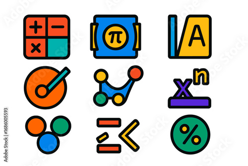 Vibrant Math Icons. Flat vector icons of Python Math and Logic: arithmetic operator, math module, abs function, round icon,