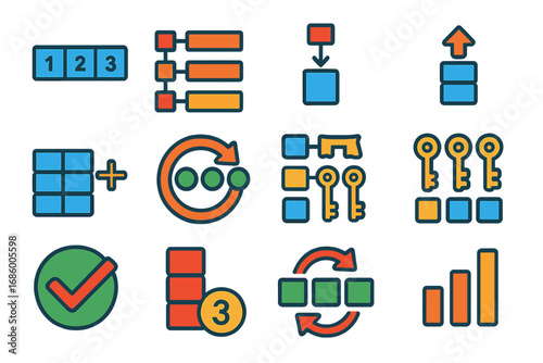 PHP Array Icons. Flat vector icons of PHP Arrays and Methods: indexed array, associative array, array_push function, array_pop