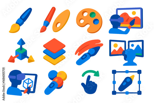 VR Art Icons. Flat vector icons of VR art and creativity: 3D paintbrush, sculpting tool, color palette, virtual canvas, object