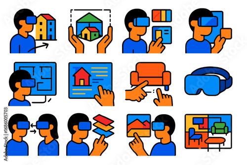 Virtual Architecture Icons. Flat vector icons of VR in architecture and design: building walkthrough, 3D model viewer, material